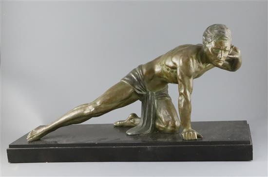 Jean De Roncourt. An Art Deco bronzed spelter figure Le Guetteur, W.25.5in.